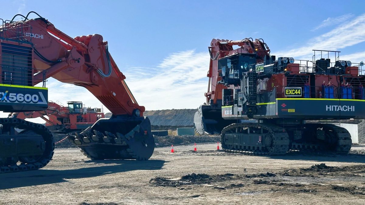 Line-up of large mining excavators on a coal site